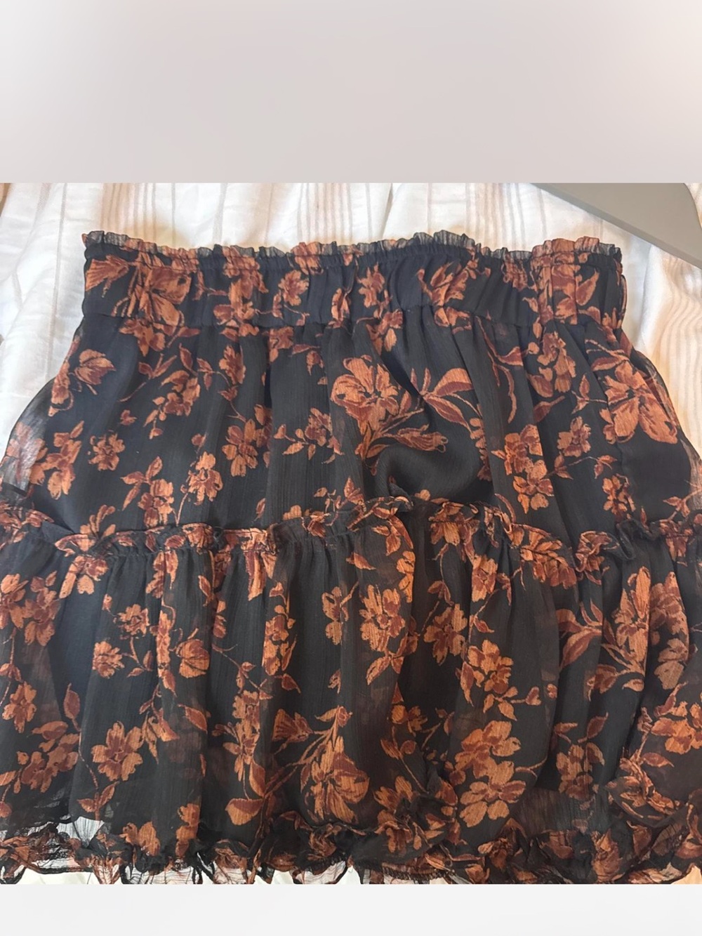 Black Floral Tiered Mini Skirt with Rust Flowers